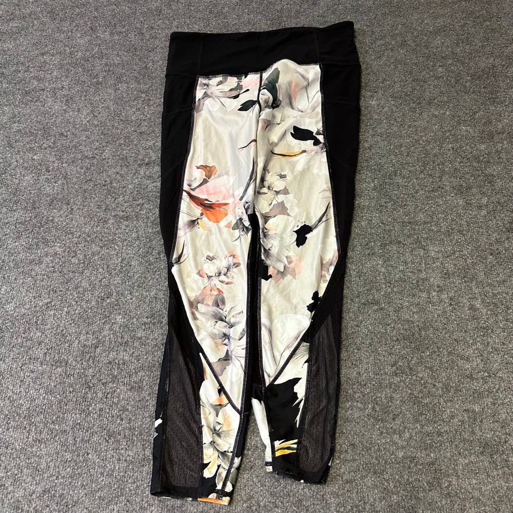 Athleta Leggings Womens Size L Black Floral Mesh Pocket High Rise Athletic Yoga